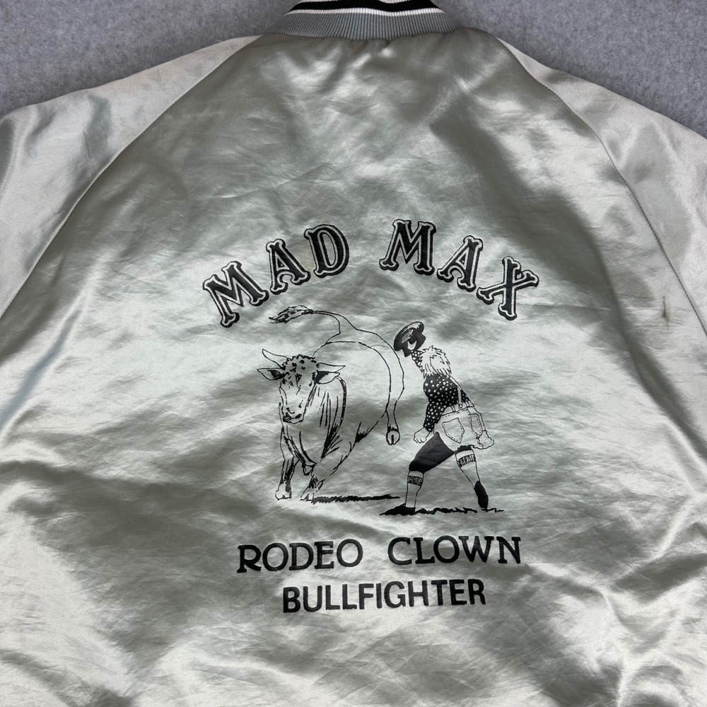 Vtg Mad Max Rodeo Clown Bullfighter Satin Bomber Rare‎ Silver XL Western Rodeo